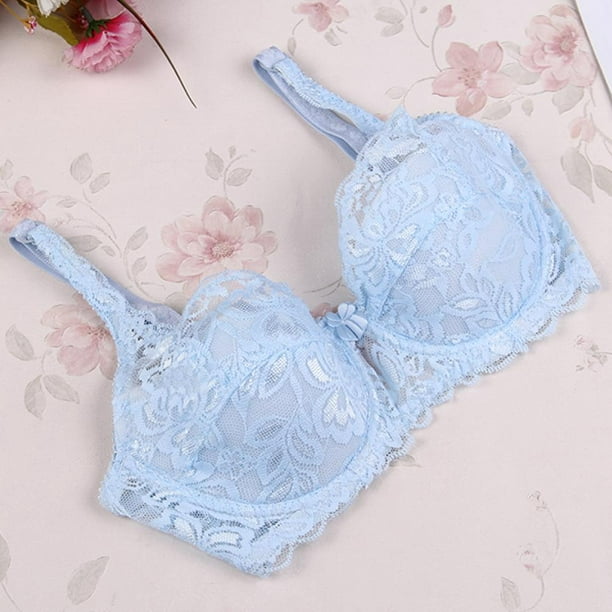 Women Bras Underwire Padded Up Embroidery Lace Bra Breathable Brassiere,C,32 Sky Blue 
